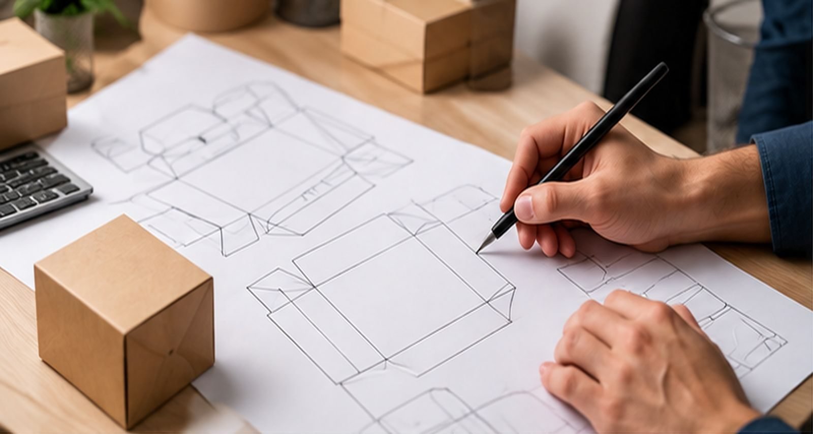 Diseño a mano del troquel de una caja