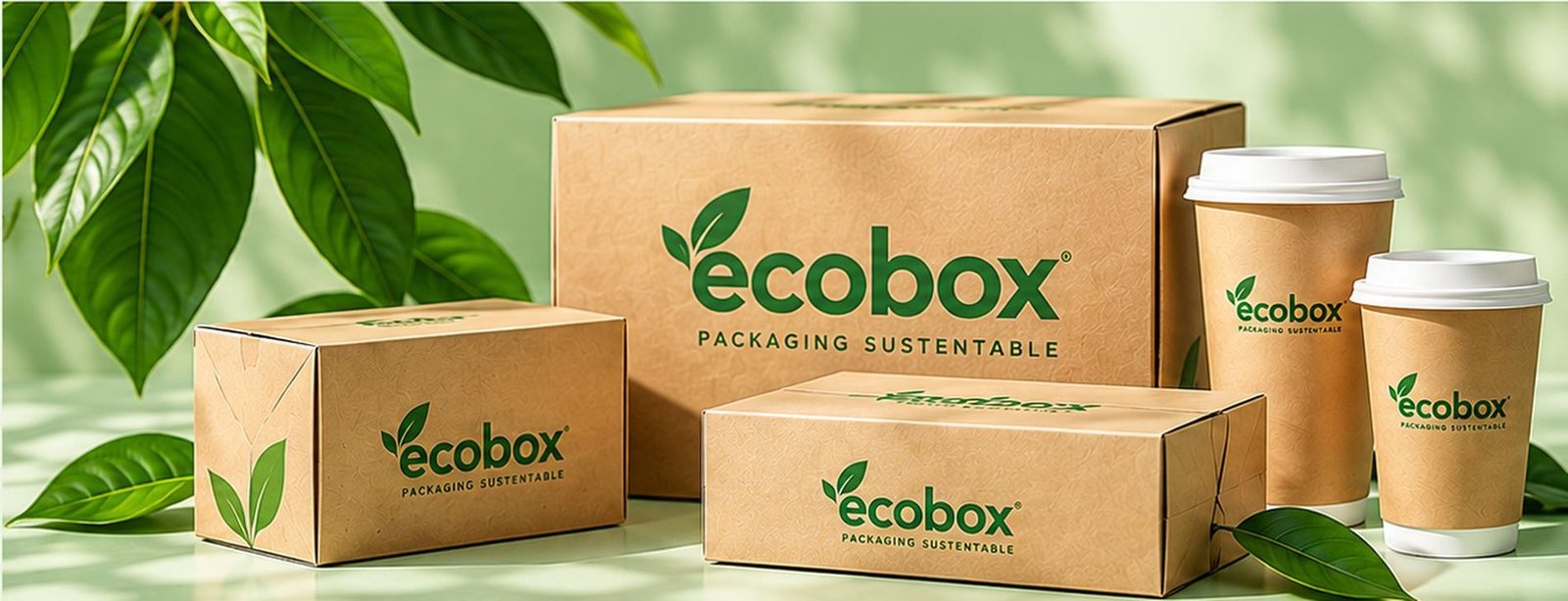 Cajas y vasos kraft impresos con la marca ECOBOX